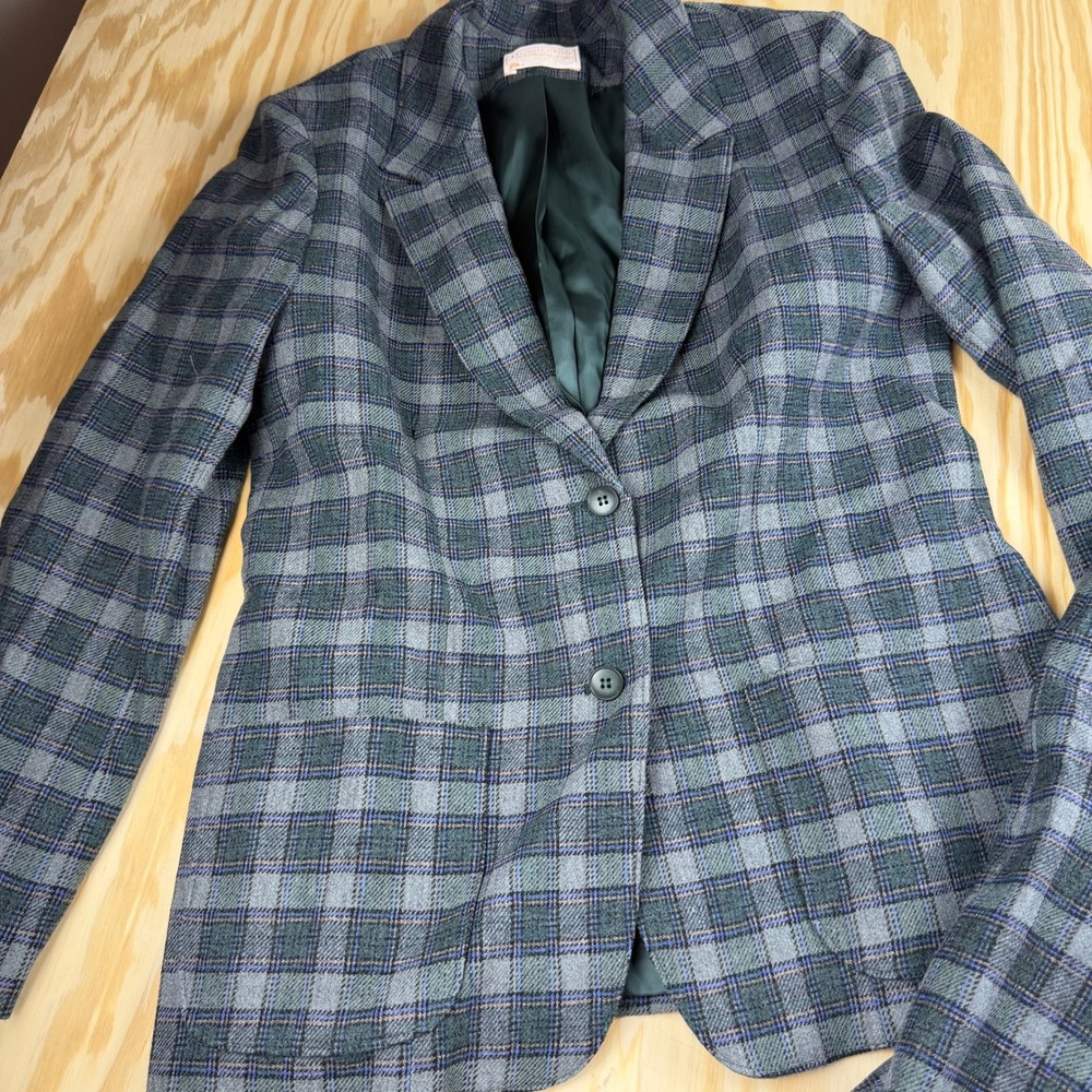 Vintage Pendleton Wool Skirt Suit Green Blue Plaid Blazer Set Made in USA - Picture 12 of 12